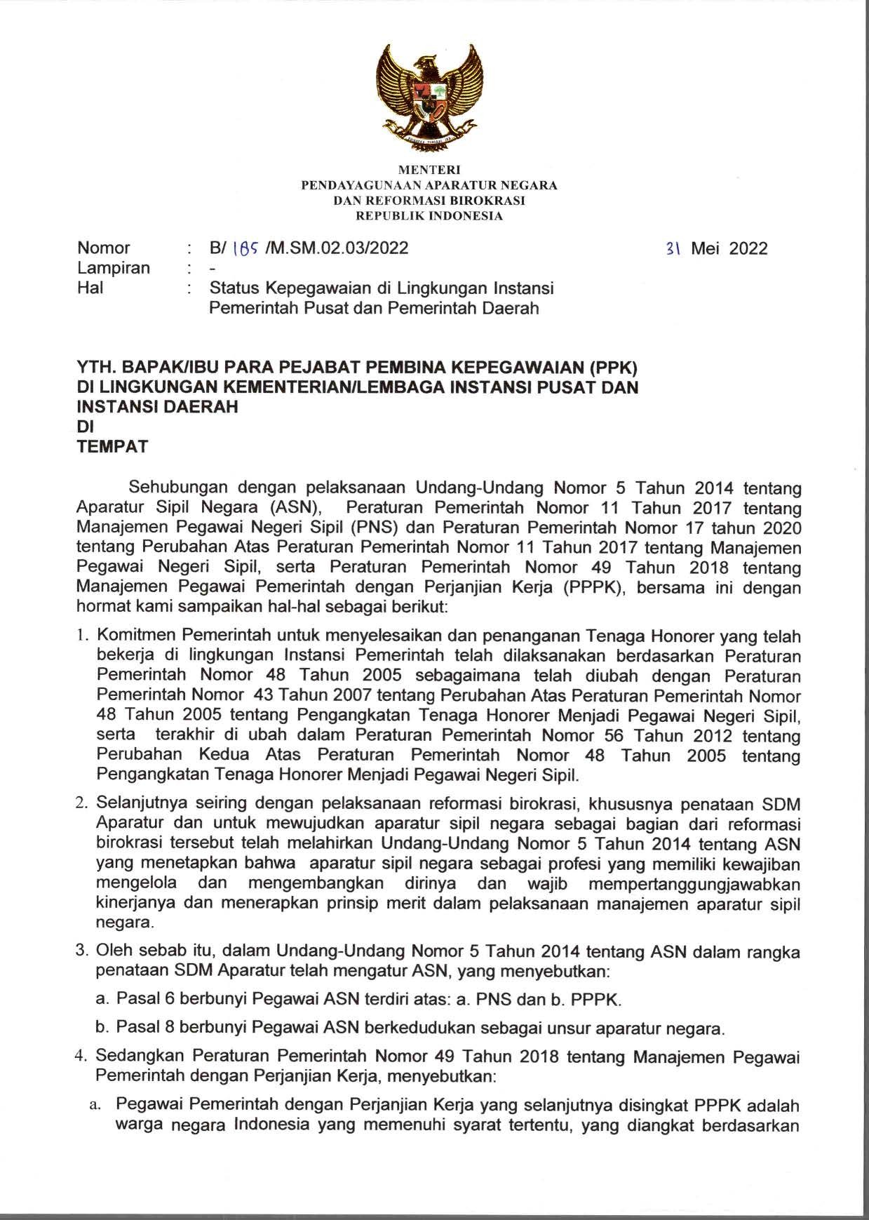 Surat Menteri PANRB Perihal Status Kepegawaian di Lingkungan Instansi Pemerintah Pusat dan Pemerinta